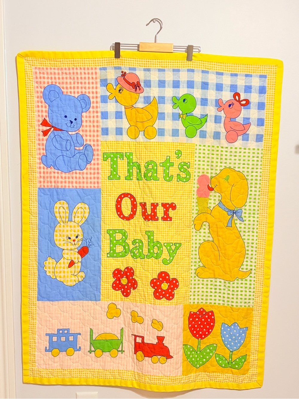 Vintage 1970s Cotton Baby Quilt “That’s Our Baby” Cute Nursery Decor Blanket